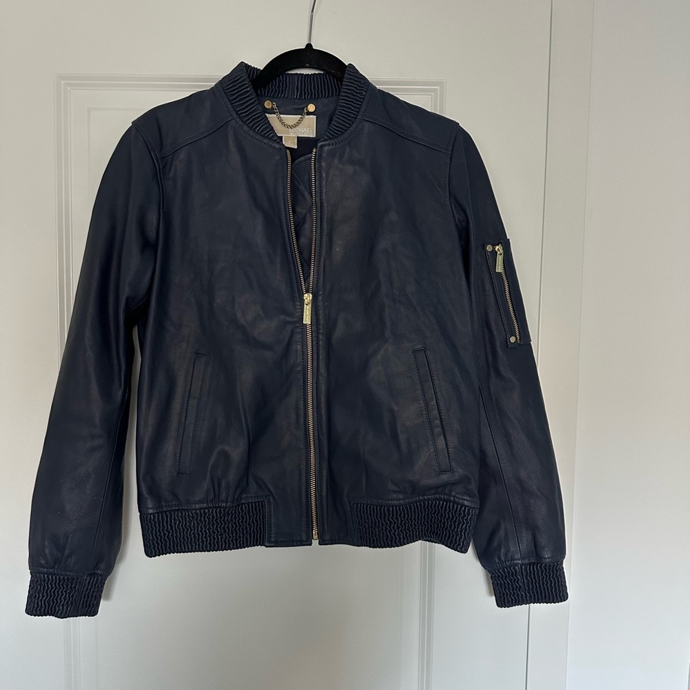 Michael Kors Navy Blue Leather Bomber Jacket